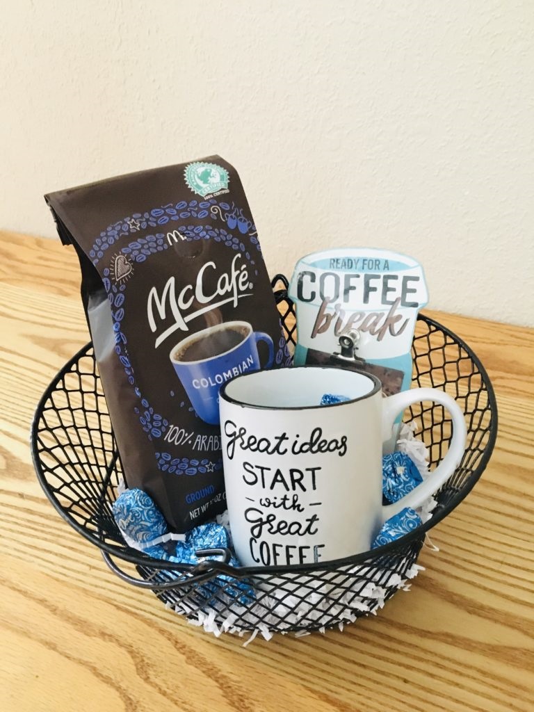 Coffee themed wire basket with McCafe Colombian coffee, Coffee Mug, Coffee Break fridge magnet and Dove Chocolates
