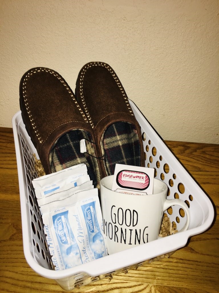 Cozy Morning For him gift basket with slippers, coffee mug, playing cards and hot cocoa 