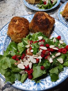 Seasonal cooking of home raised and cooked chicken and a garden salad